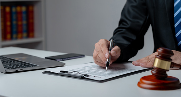person signing legal document with pen near laptop and gavel in office setting related to law and 8 important principles